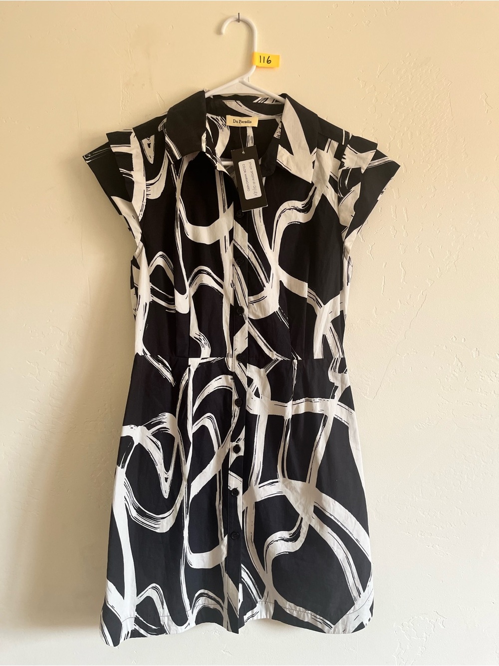 Du Paradis Black & White Abstract Midi Shirt Dress